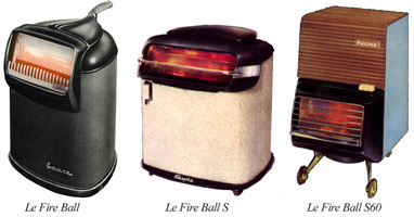 Trois modèles de 'fire ball', appareil à gaz butane mobile fabriqué à Revin et à Nevers entre 1953 et 1956.